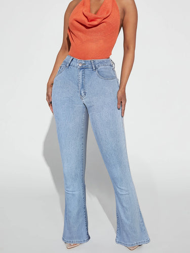 Damen hochgeschnittene schmal zulaufende ausgestellte Jeans mit taillenformendem Bund Drune