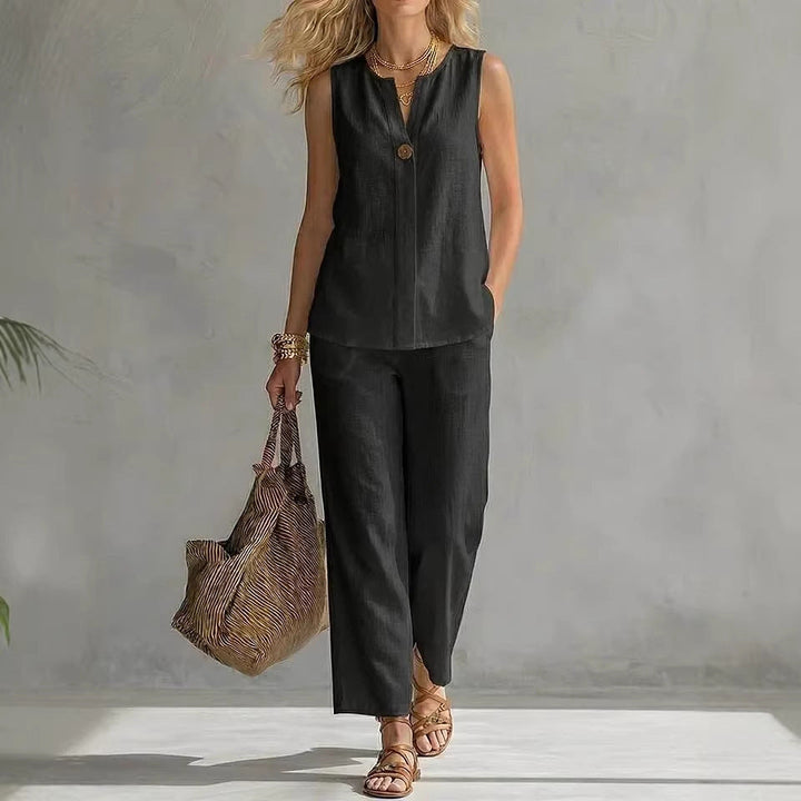 Damen Lässiges zweiteiliges Set mit ärmelloser Bluse und modischen Hosen Drune