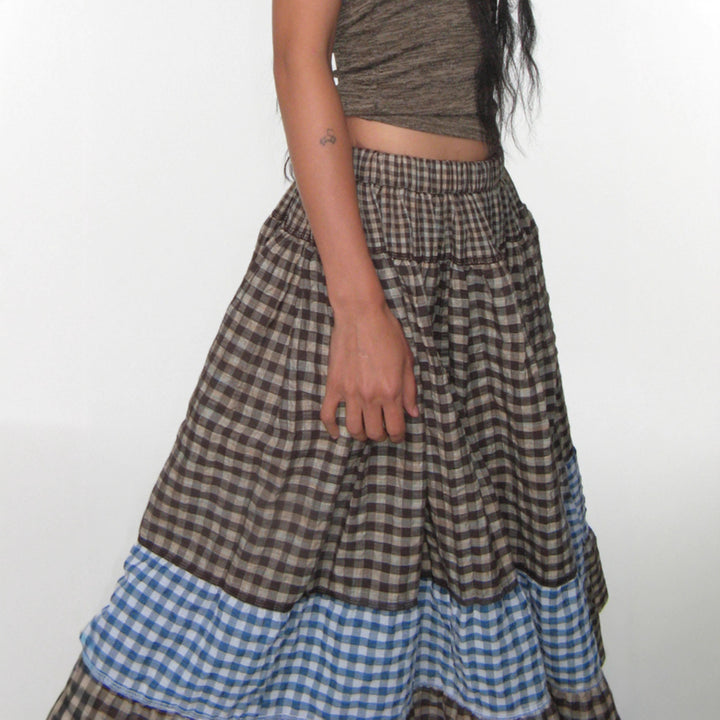 Damen nan mehrlagiger Baumwoll-Stufenrock mit elastischem Taillenbund, kontrastierendem Gingham-Band und Volant Drune