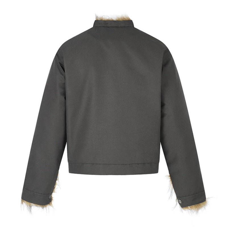 Damen Kurzjacke mit Kunstfellfutter, Stehkragen und verdeckter Knopfleiste Drune