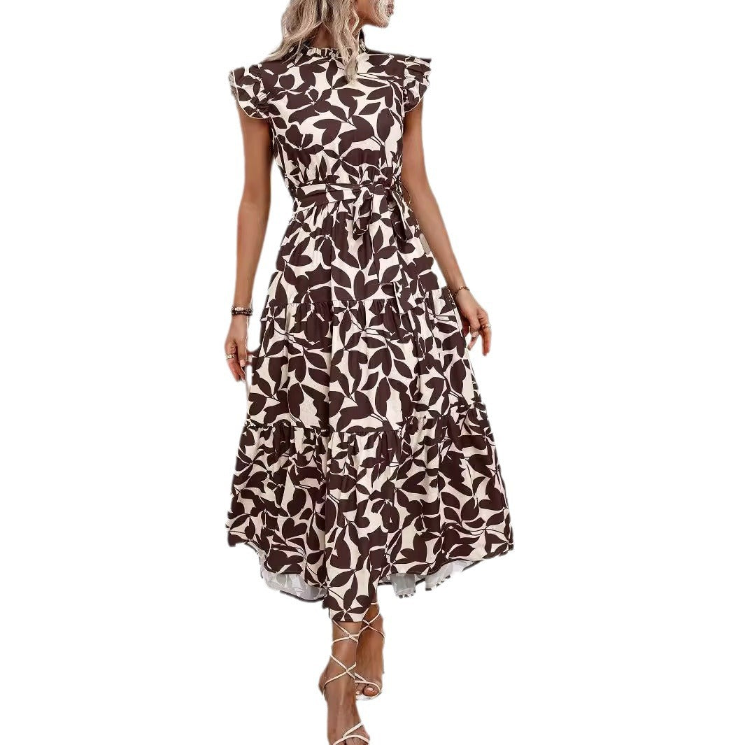 Damen Midikleid mit Stufenrock, geraffter Taillenbindung und Rüschenärmeln Drune