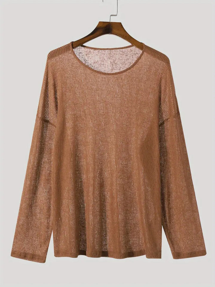 Damen nan locker fallendes Langarm-Feinstrickshirt mit feinem Rippenmuster und Rundhalsausschnitt Drune