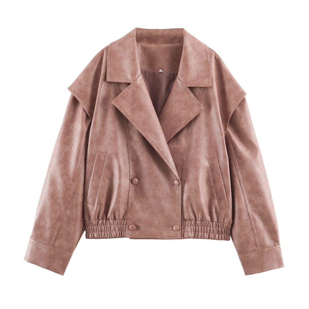 Damen Oversize Kunstlederjacke mit Doppelreihe, weitem Revers und elastischem Saum Drune