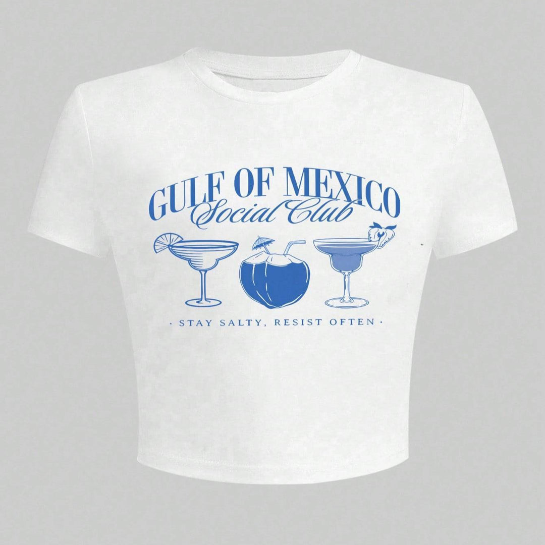 Damen Crop-T-Shirt mit kreativem Cocktail-Motiv und modernem Schriftzug Drune