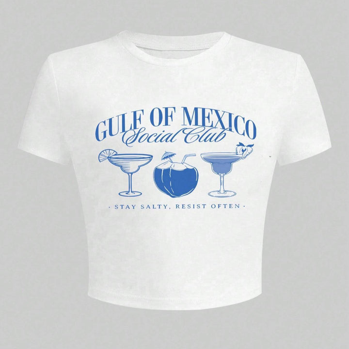 Damen Crop-T-Shirt mit kreativem Cocktail-Motiv und modernem Schriftzug Drune
