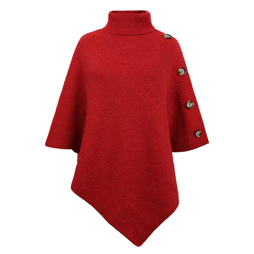 Damen nan asymmetrischer Strickponcho mit Rollkragen und dekorativer Knopfleiste Drune