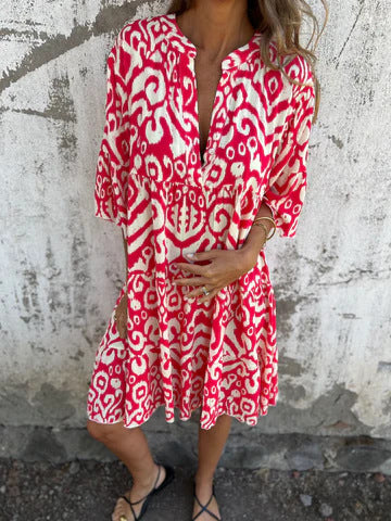 Damen lässiges Baumwollkleid mit V-Ausschnitt und voluminösen Ärmeln Drune