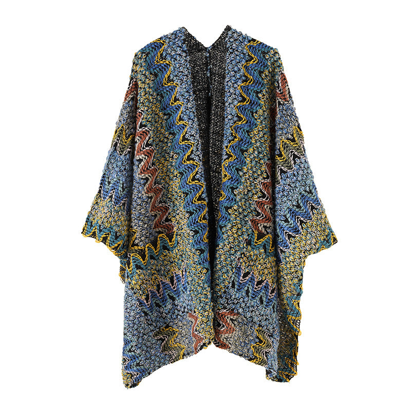 Damen Grobgestrickter Ethno-Ruana-Poncho mit Zickzack‑Jacquard und offenem Fall Drune
