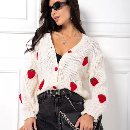 Damen Strickjacke mit fruchtigen Applikationen und modernen Knopfdetails Drune