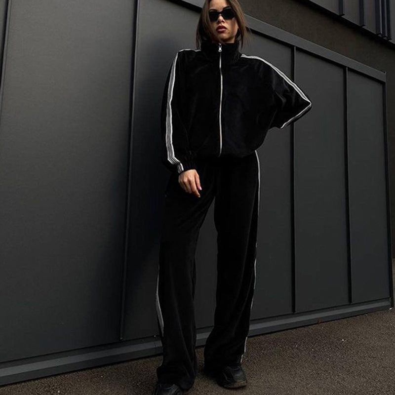 Damen Oversized Velours-Trainingsjacke mit markanten Kontraststreifen und geripptem Stehkragen Drune