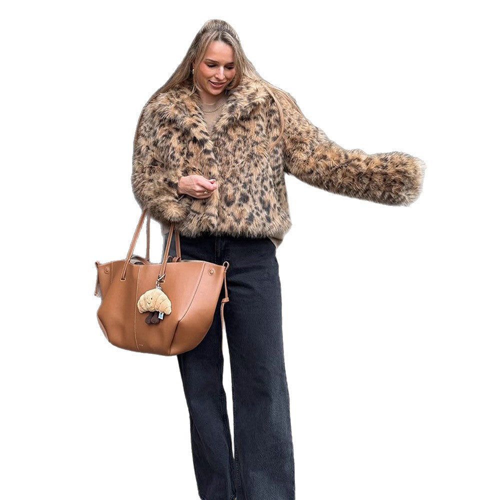 Damen Kurze Kunstpelzjacke im Leo-Muster mit kastiger Silhouette und weitem Kragen Drune