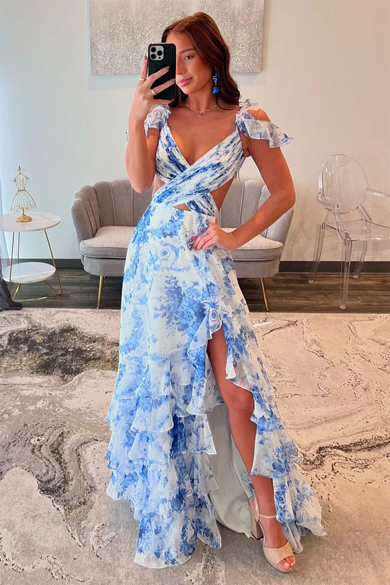 Damen Maxi-Kleid mit voluminösen Rüschen und floralem Design Drune