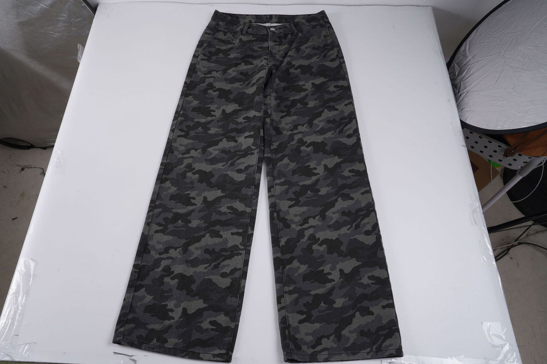 Damen Camouflage-Denim Schlaghose mit hoher Taille und weitem Bein Drune