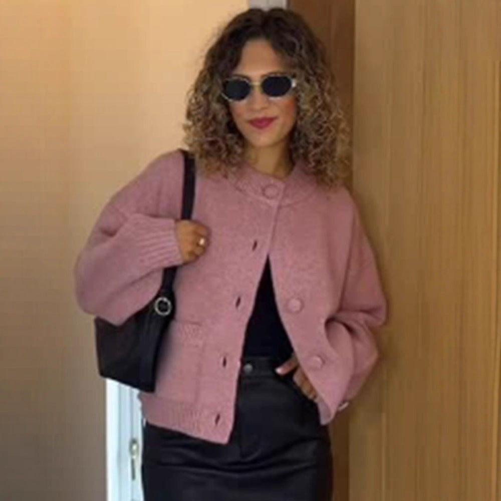 Damen Grobgestrickte Cropped-Strickjacke mit runden Druckknöpfen und oversized Ärmeln Drune