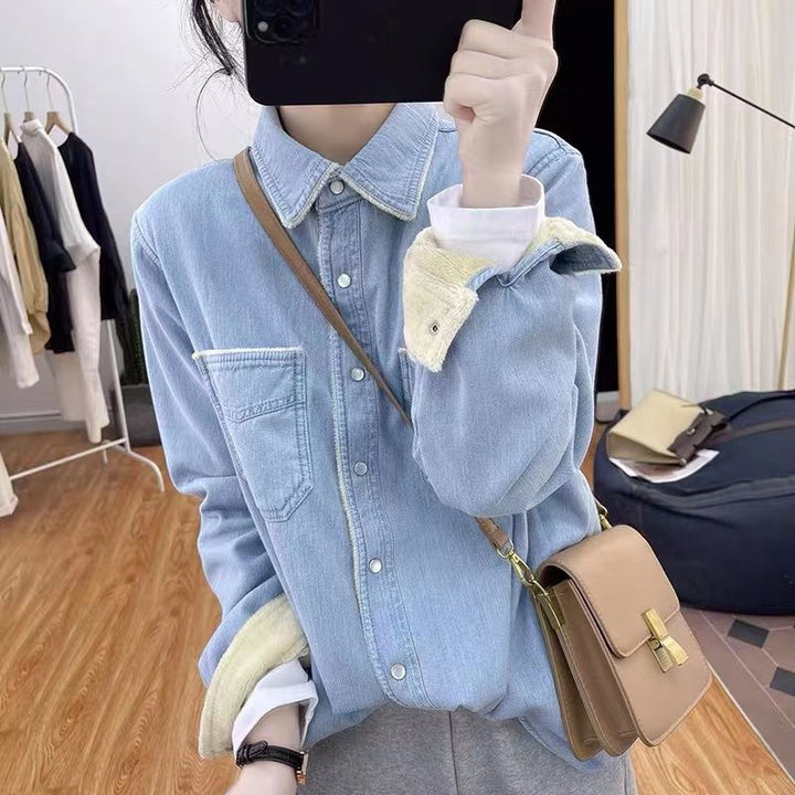Damen lässige Denim-Bluse mit kontrastierendem Kragen Drune