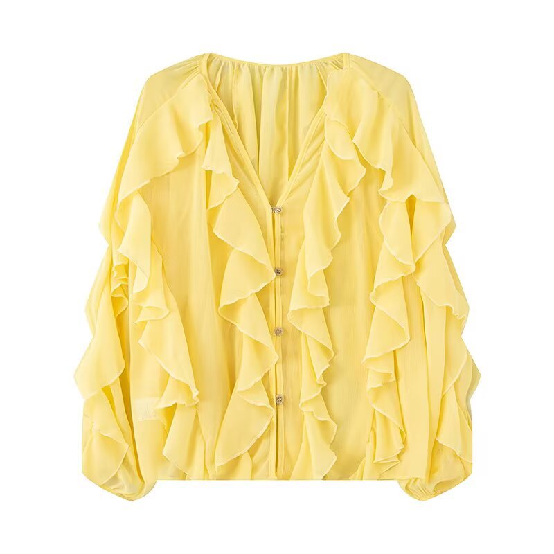 Damen Volant-Chiffonbluse mit Knopfleiste, gerafftem Ausschnitt und Ballonärmeln Drune