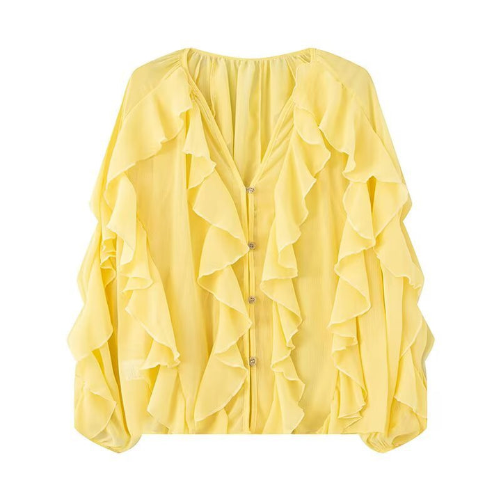 Damen Volant-Chiffonbluse mit Knopfleiste, gerafftem Ausschnitt und Ballonärmeln Drune