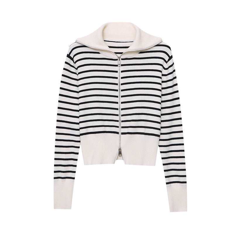 Damen gestreifter Zip-Pullover mit hochgeschlossenem Kragen Drune