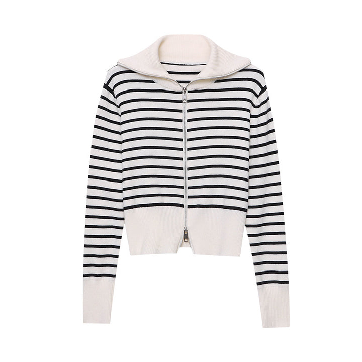 Damen gestreifter Zip-Pullover mit hochgeschlossenem Kragen Drune