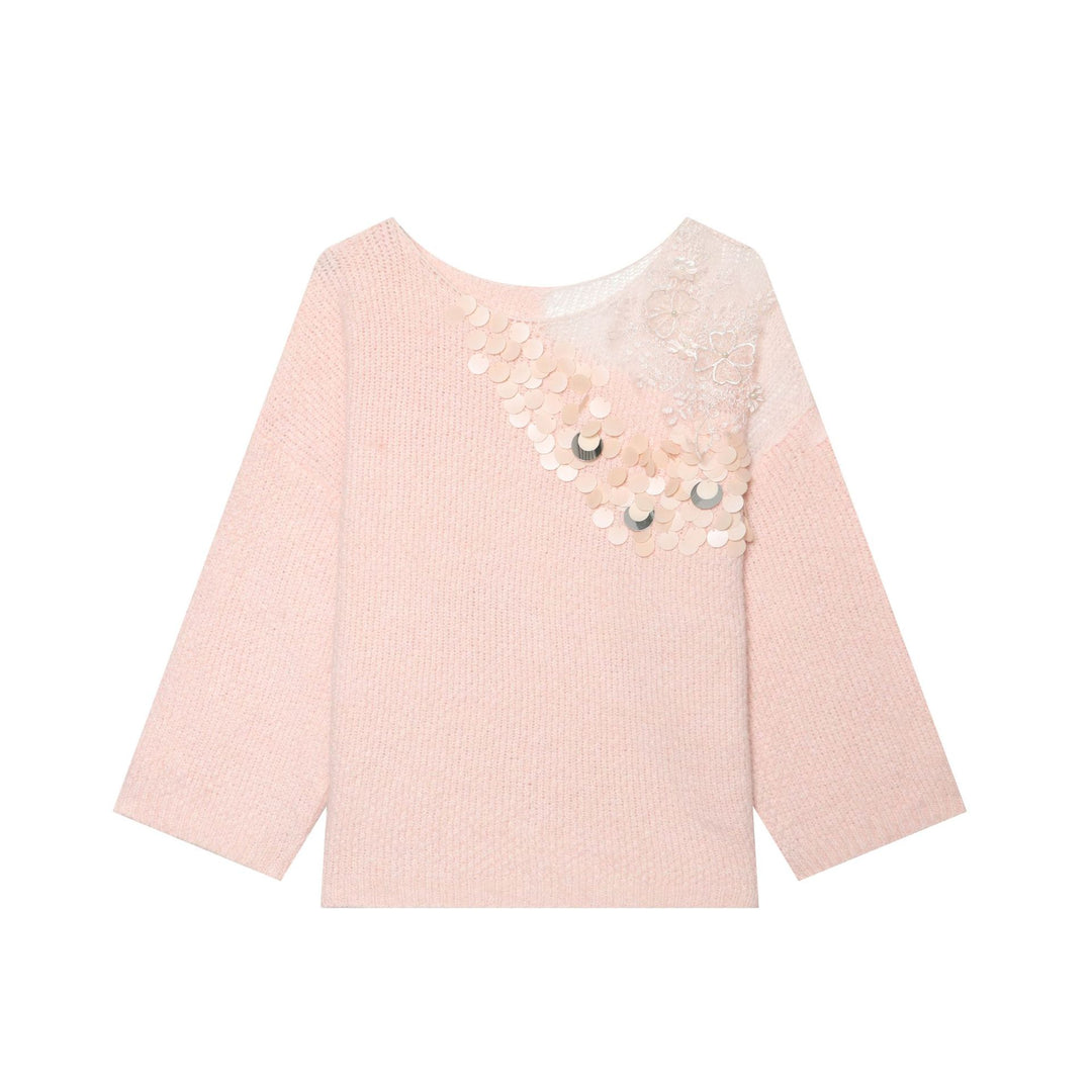 Damen Boxy-Strickpullover mit Pailletten-Applikation und Spitzenbesatz Drune