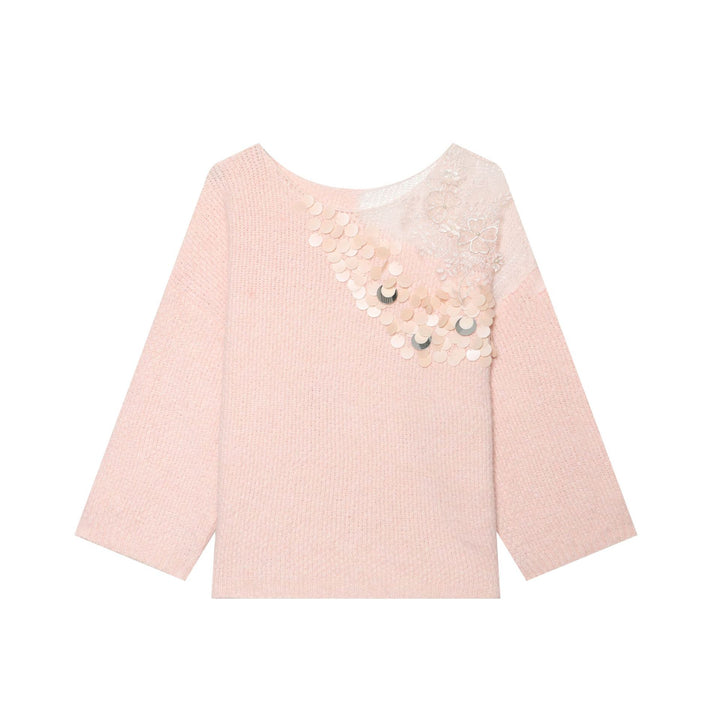 Damen Boxy-Strickpullover mit Pailletten-Applikation und Spitzenbesatz Drune