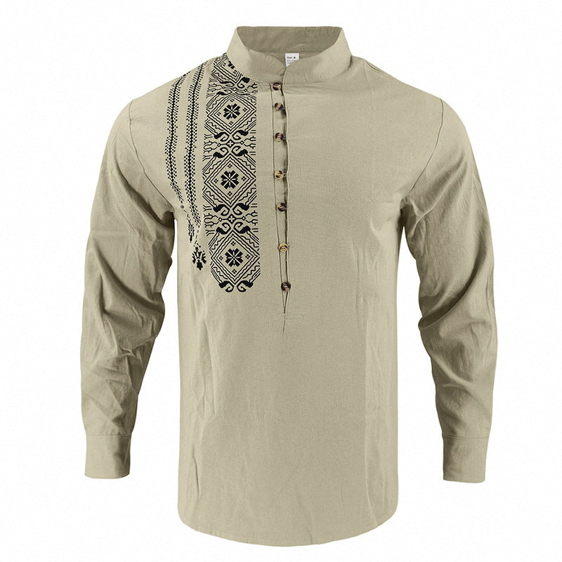 Herren nan besticktes Baumwoll-Kurtahemd mit Stehkragen Drune