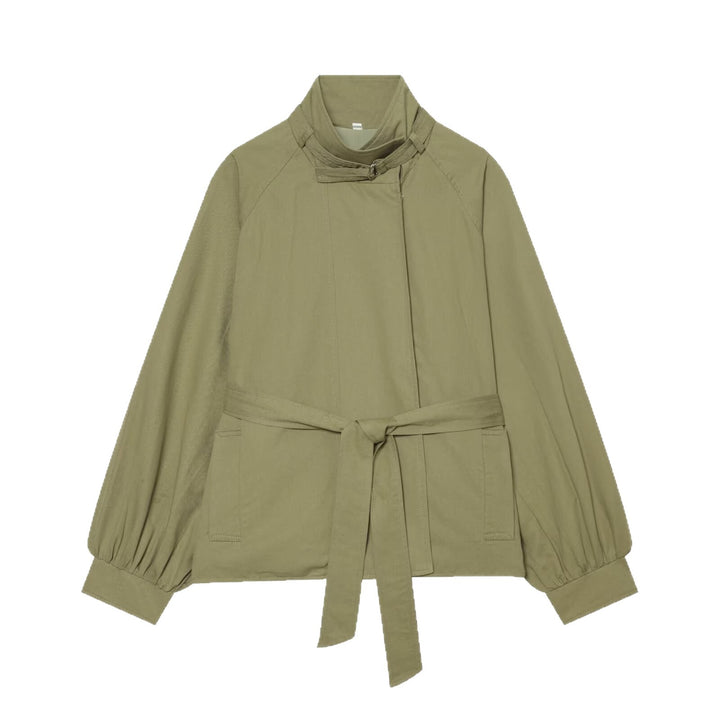 Damen Kurze Cape-Übergangsjacke mit Stehkragen, Taillengürtel und Ballonärmeln Drune