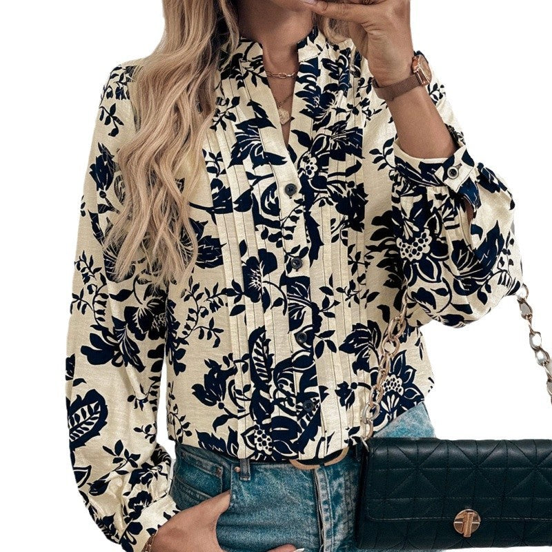 Damen Bluse mit floralen Motiven und eleganter Raffung Drune