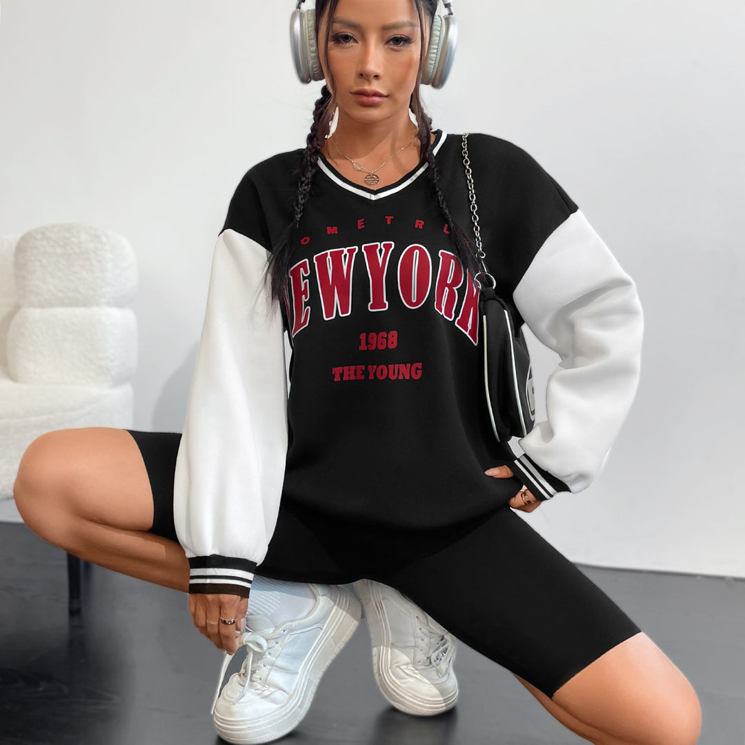 Damen lässiges Sweatshirt mit V-Ausschnitt und sportlichem Schriftzug Drune