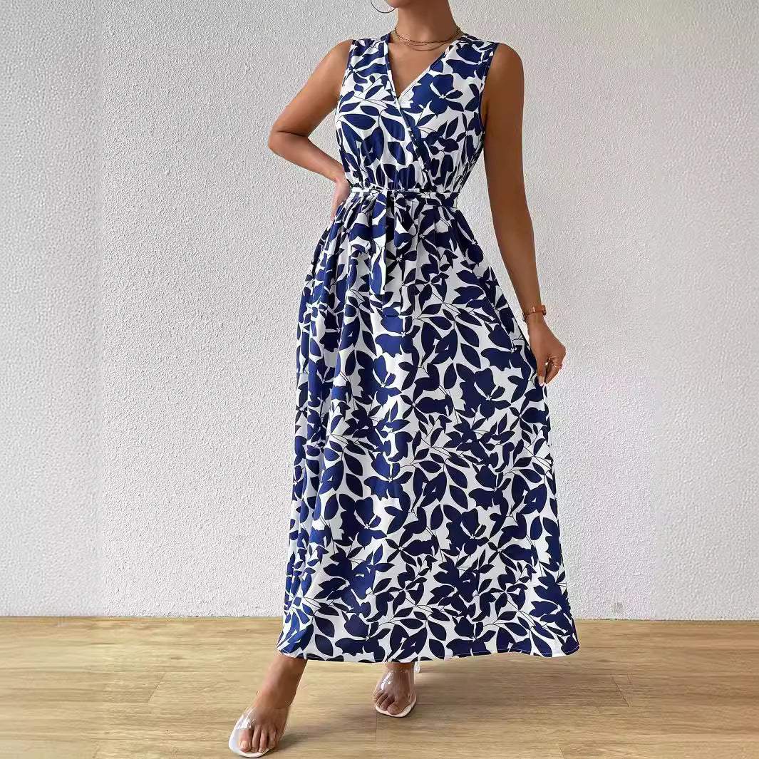 Damen nan Wickel-Maxikleid mit V-Ausschnitt und gebundenem Taillengürtel Drune