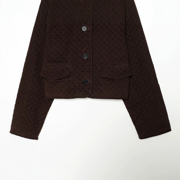 Damen Cropped gesteppte Cordjacke mit abgerundetem Kragen und Pattentaschen Drune