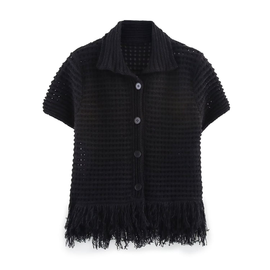 Damen Kurzarm-Strickjacke mit fransigem Saum und dekorativen Knöpfen Drune