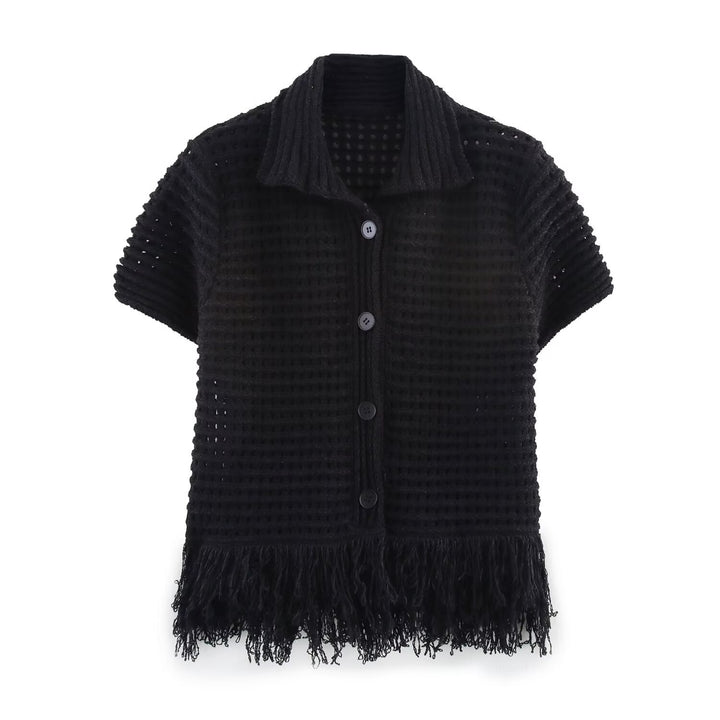 Damen Kurzarm-Strickjacke mit fransigem Saum und dekorativen Knöpfen Drune
