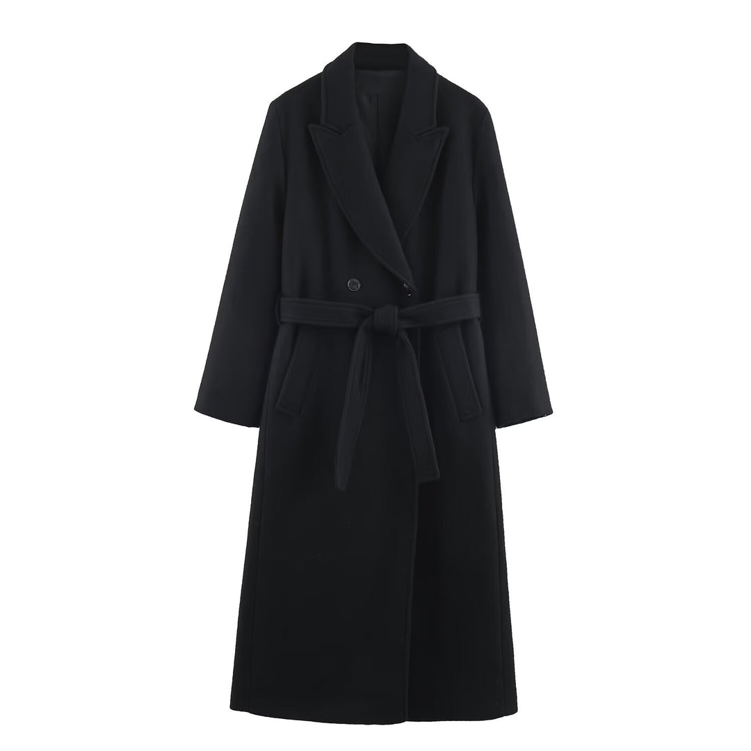 Damen 40+ eleganter knielanger Mantel mit Bindegürtel und doppelreihiger Knopfleiste Drune