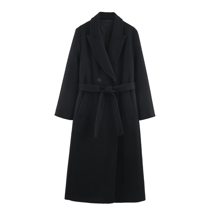 Damen 40+ eleganter knielanger Mantel mit Bindegürtel und doppelreihiger Knopfleiste Drune