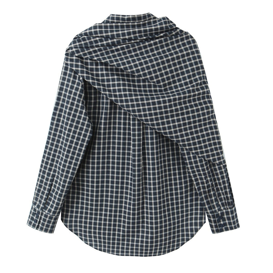 Damen Kariertes Hemdblusen-Shirt mit asymmetrischem Tuchdetail Drune