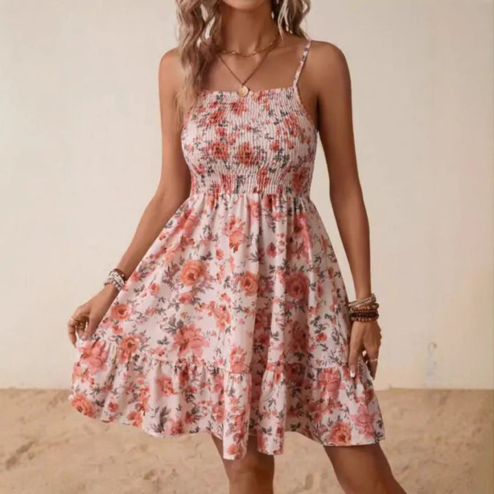Damen Blumenkleid mit elastischem Oberteil und gerafftem Rock Drune