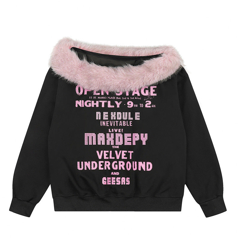 Damen Oversize-Sweatshirt mit Kunstfellkragen, weichem Innenfutter und typografischem Statement-Print Drune