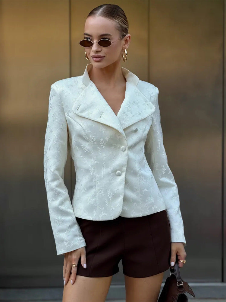 Damen Taillierter Jacquard-Blazer mit überlappendem Revers und dekorativen Knöpfen Drune