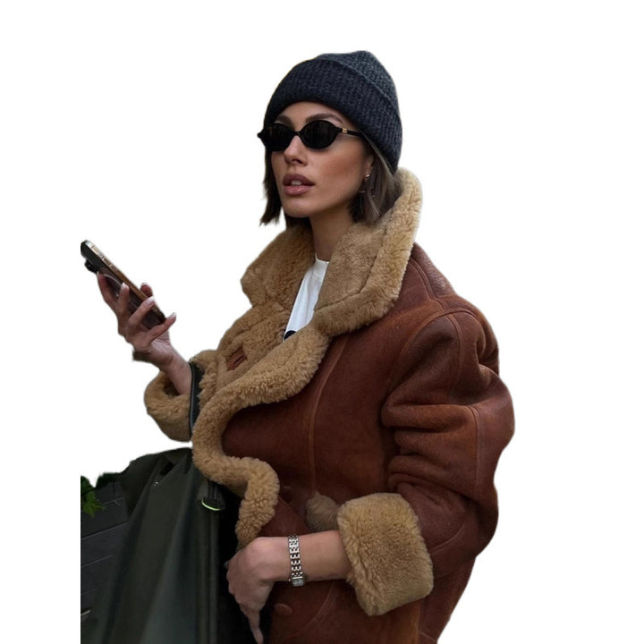 Damen Oversize Lammfell‑Optik Fliegerjacke mit voluminösem Schalkragen Drune