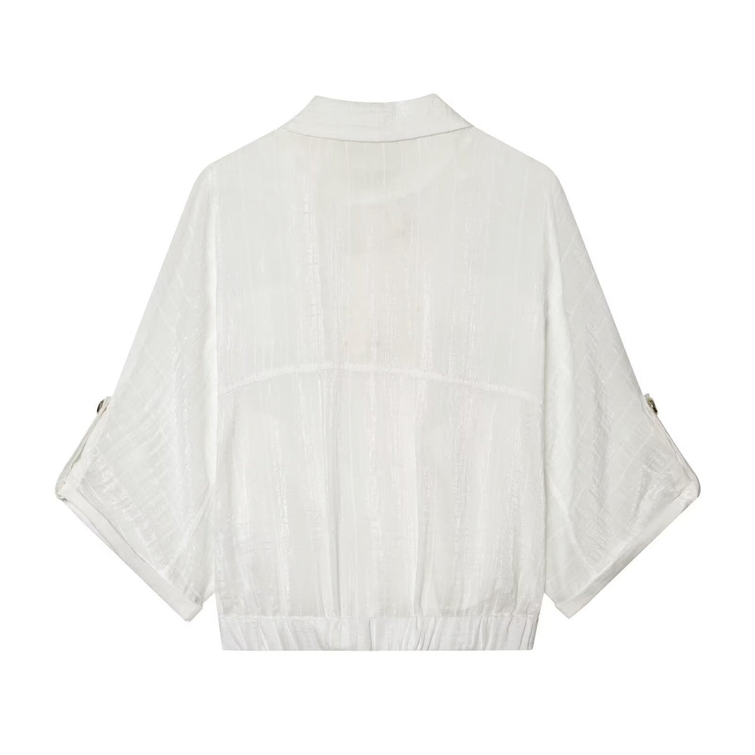 Damen Cropped-Hemdenbluse mit Fledermausärmeln, Brusttaschen und elastischem Taillenbund Drune