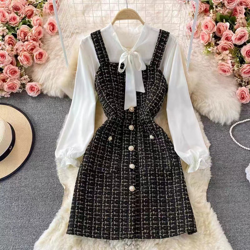 Drune | Satz mit Latzkleid Tweed A-Linie Bluse mit Schleife und Puffärmeln