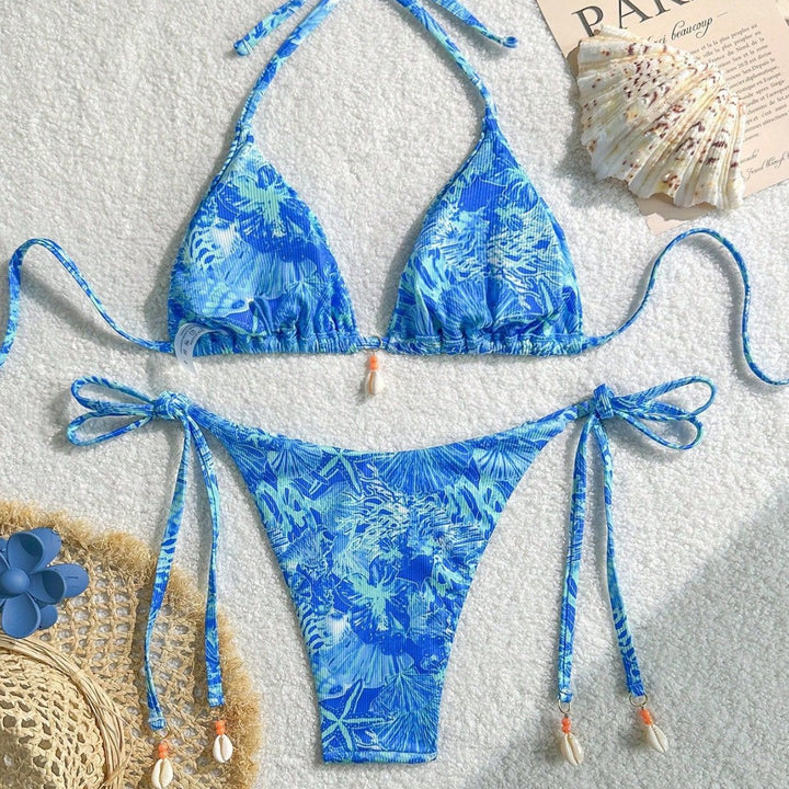 Damen Triangel-Bikini mit tropischem Muster und verspielten Bindebändern Drune