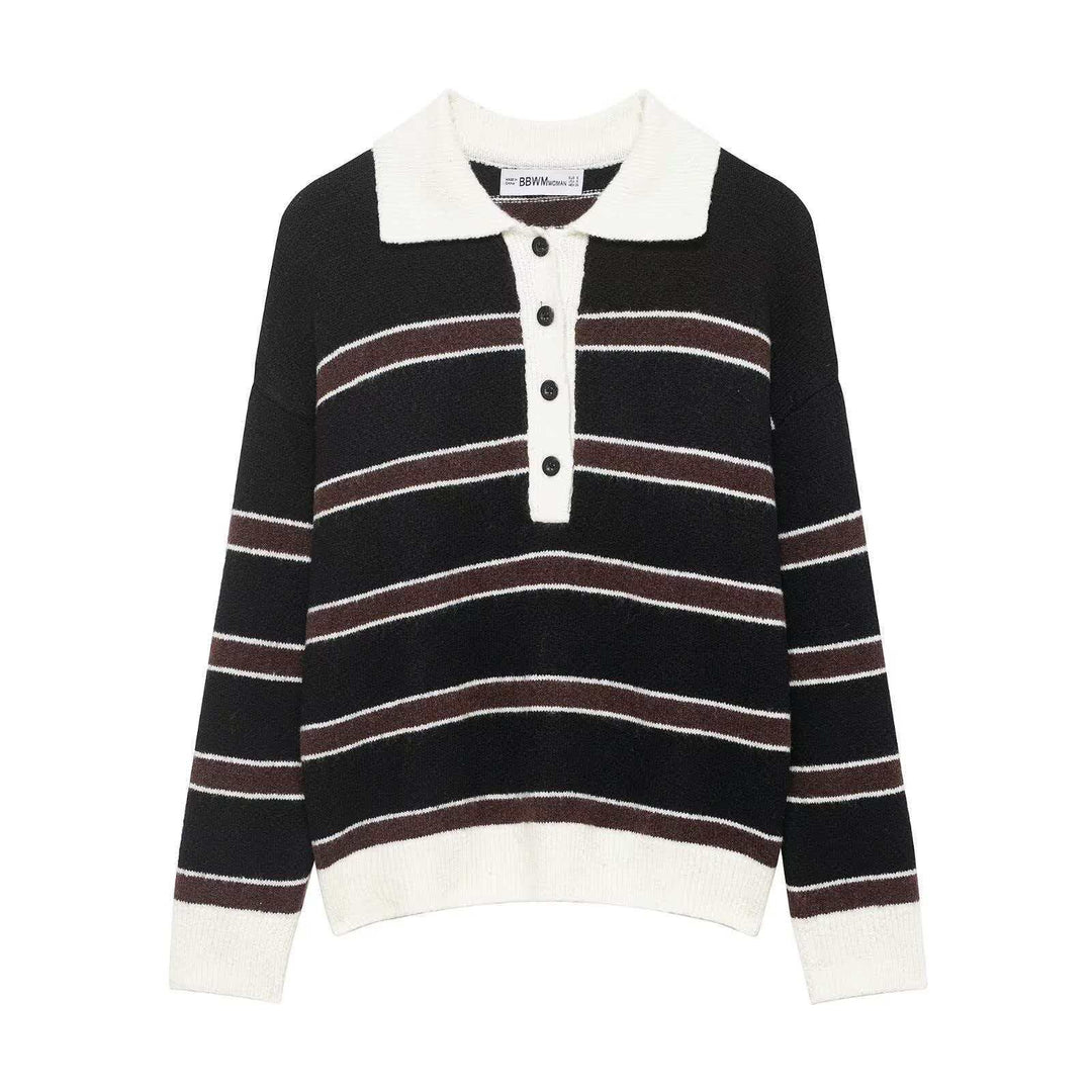 Damen lässiger Strickpullover mit Kragen und Knopfleiste Drune