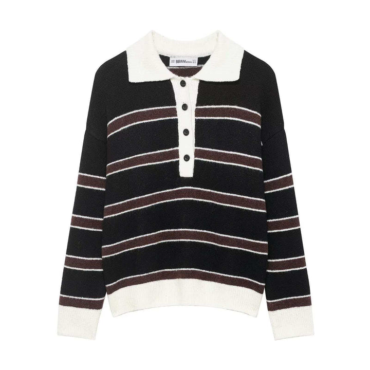 Damen lässiger Strickpullover mit Kragen und Knopfleiste Drune