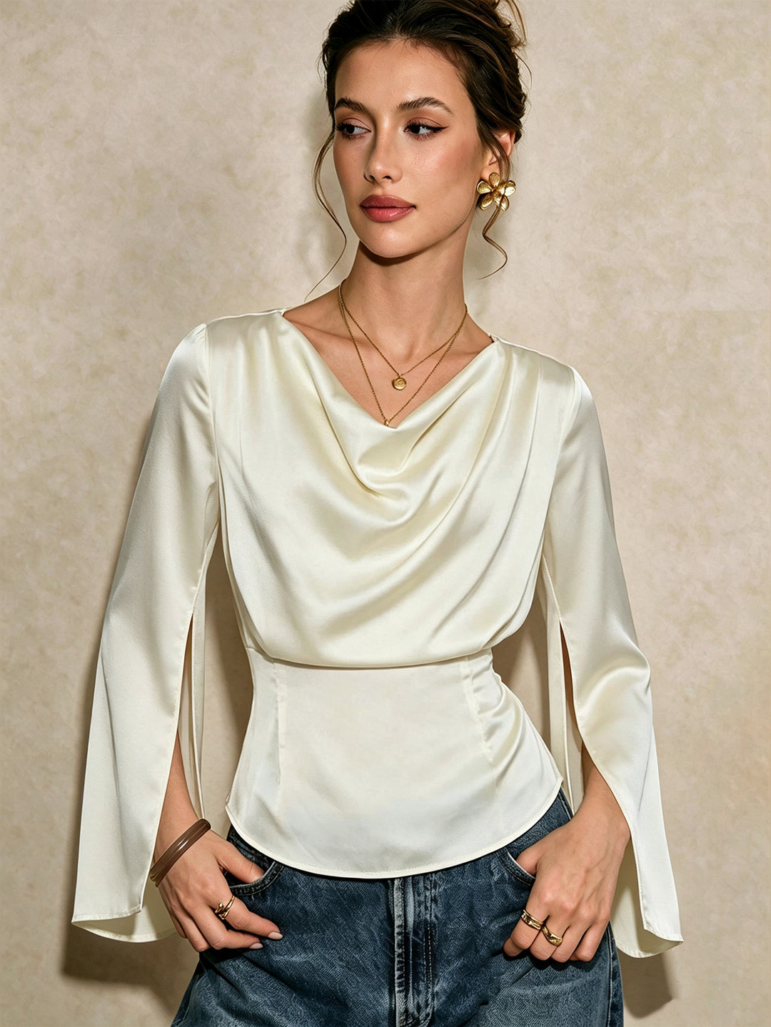 Damen elegante Satinbluse mit Wasserfallausschnitt, taillierter Silhouette und langen Ärmelschlitzen Drune