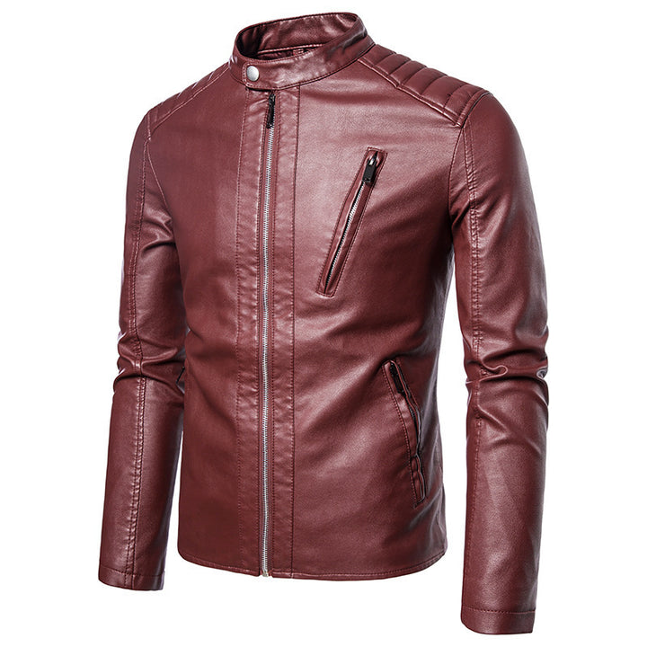Herren Slim-Fit Kunstleder-Motorradblouson mit gesteppter Schulterpartie und hochgeschlossenem Stehkragen Drune