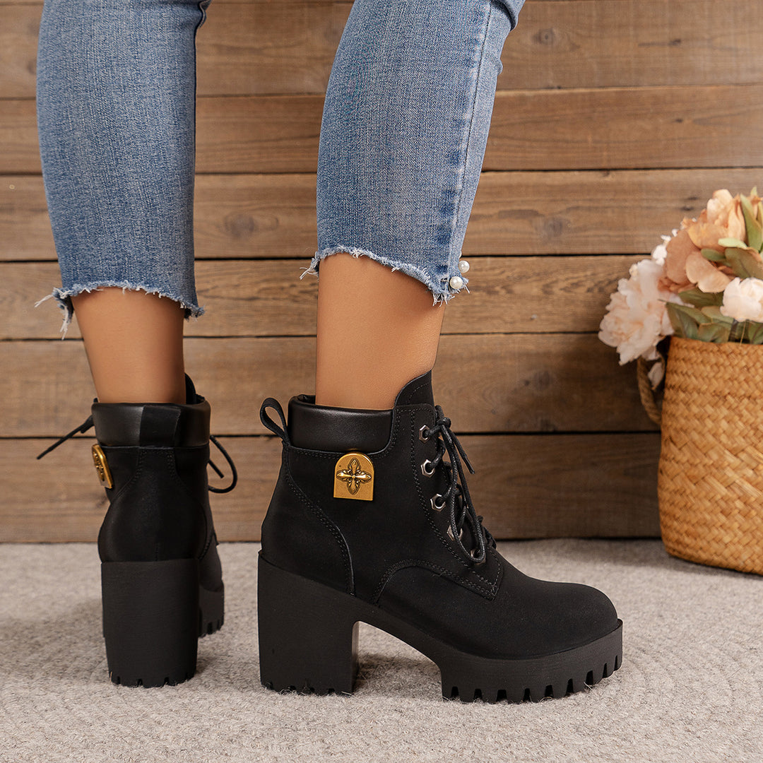 Damen nan knöchelhohe Schnürstiefelette mit robustem Profilabsatz und gepolstertem Schaft Drune