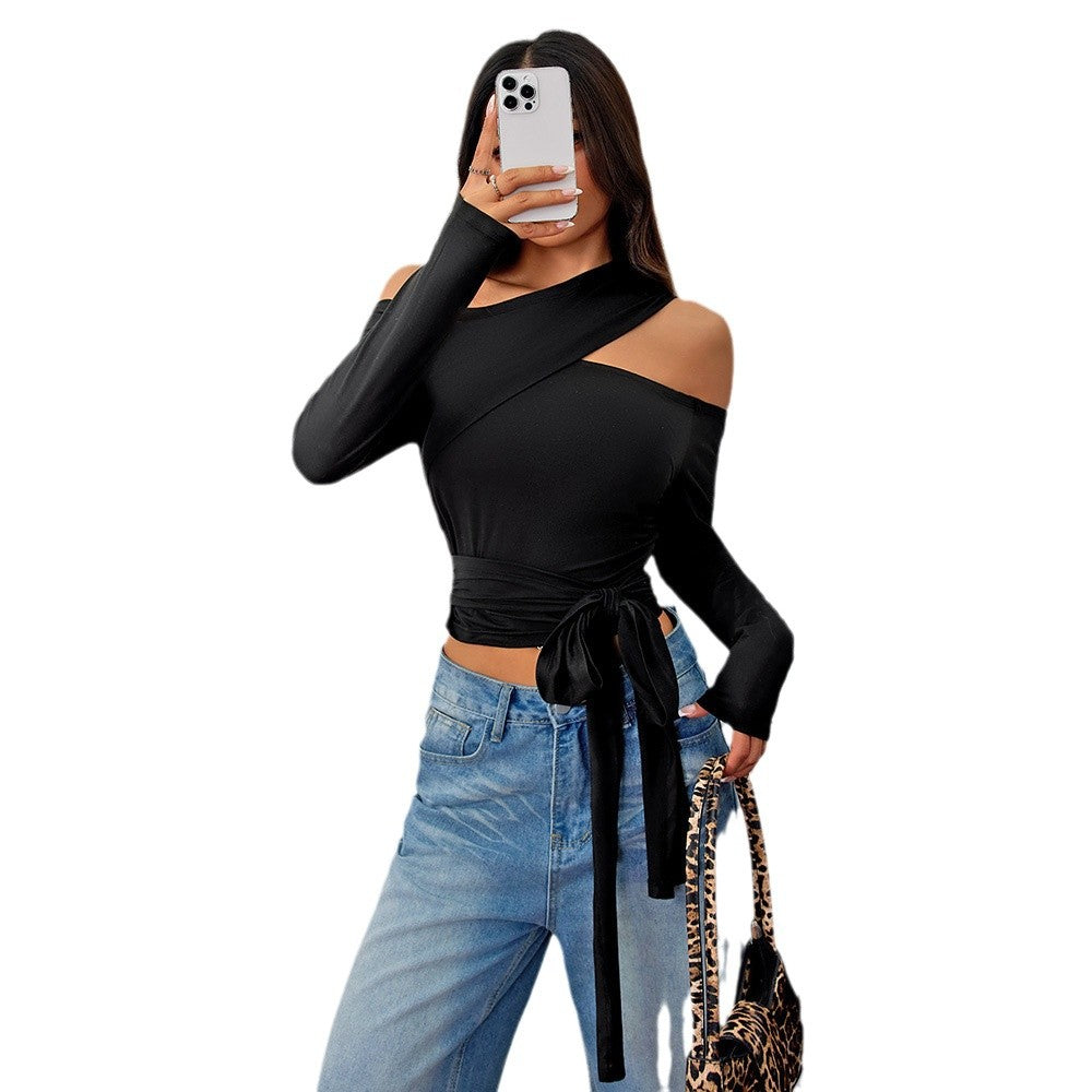 Damen asymmetrisches Wickeloberteil mit modischem Halter-Design und eleganter Raffung Drune
