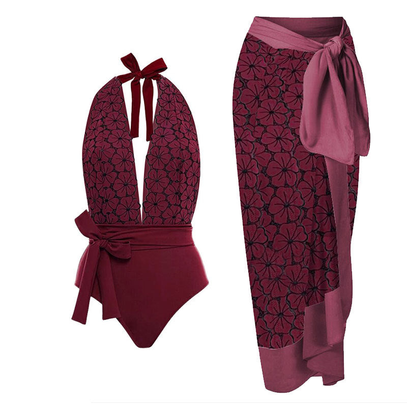 Damen eleganter Einteiler Badeanzug mit floralem Wickelrock Drune